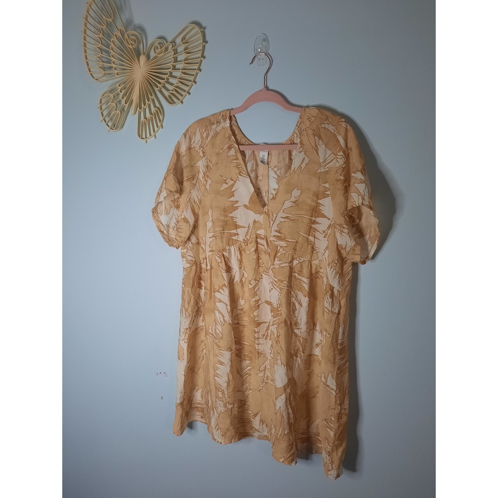 HM Orange Tropical Leaf Print V-Neck Babydoll Mini Dress Women's Med
